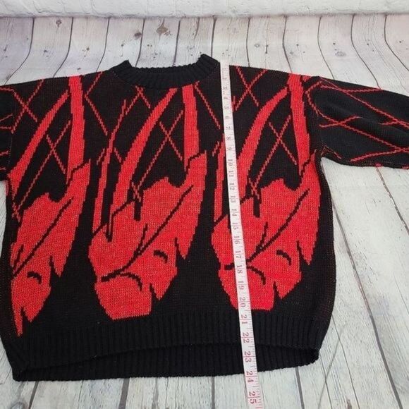 Vintage 80s Red Black Abstract Leaf Lurex Cozy Sweater  Soft Goth - Picture 11 of 14